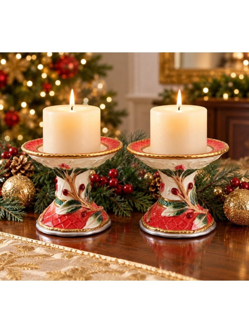Vintage Fitz & Floyd Enchanted Holiday Candle Holders Pair Christmas w/ Boxes